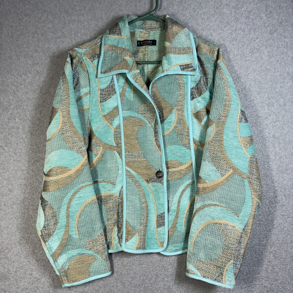 Khangura Womens L Teal Gold Abstract Brocade Blazer Jacket Metallic Art